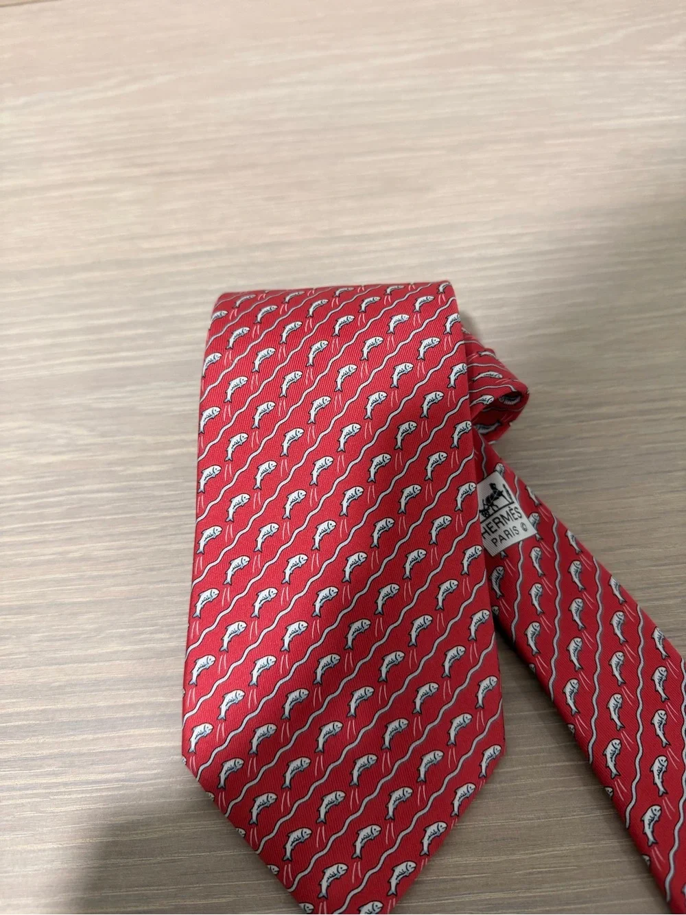 Vintage Hermès Paris Red Fish Print 100% Silk Men’s Tie France